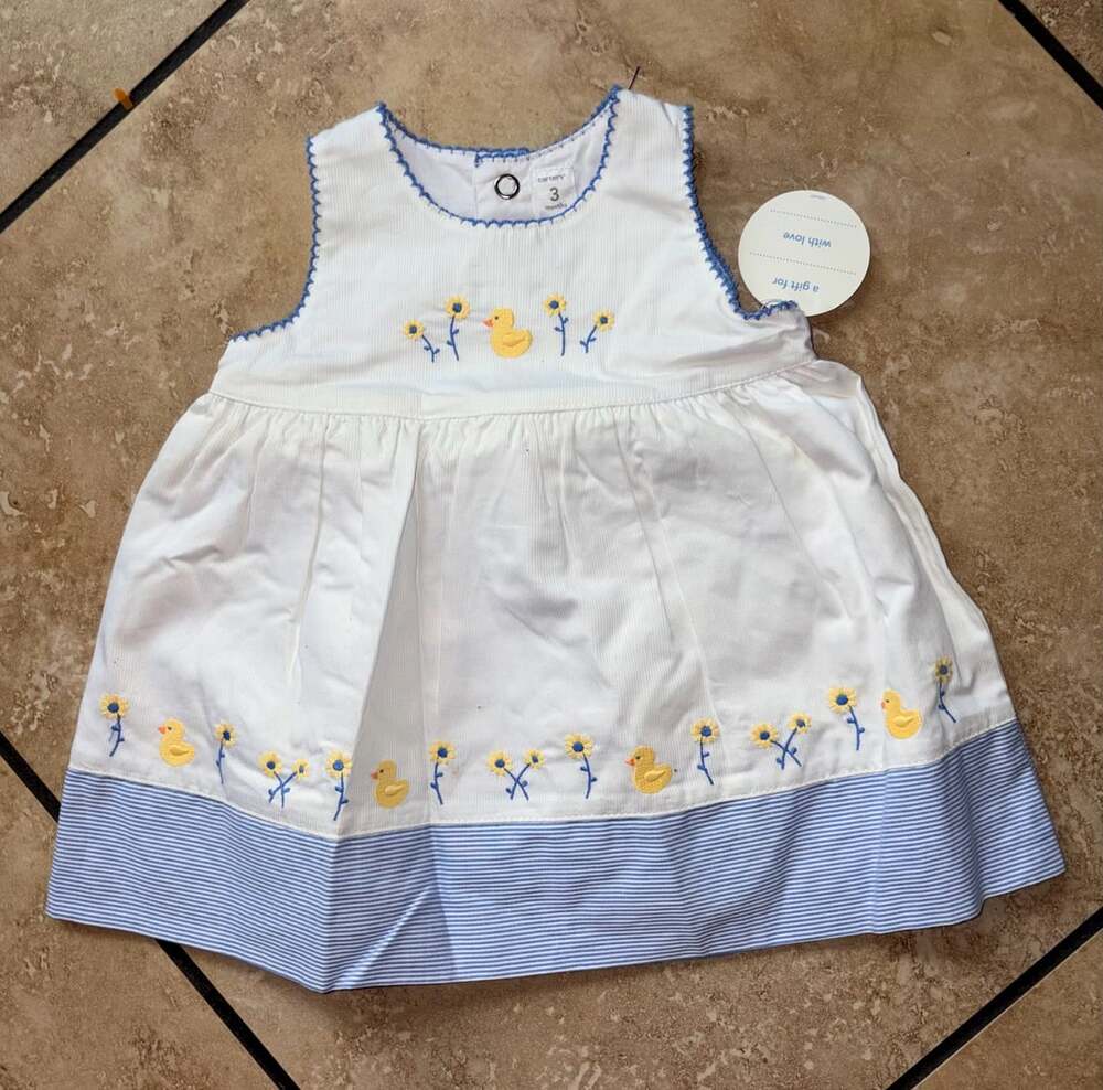 NWT Carter's Little Duckie Vintage Baby Girl 3 Months White Blue Stripe Dress